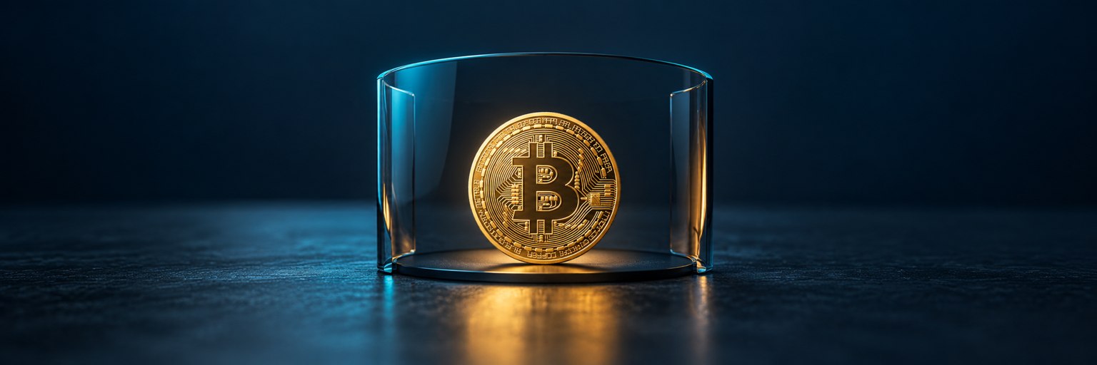 A Bitcoin coin within an open smoked-glass enclosure.