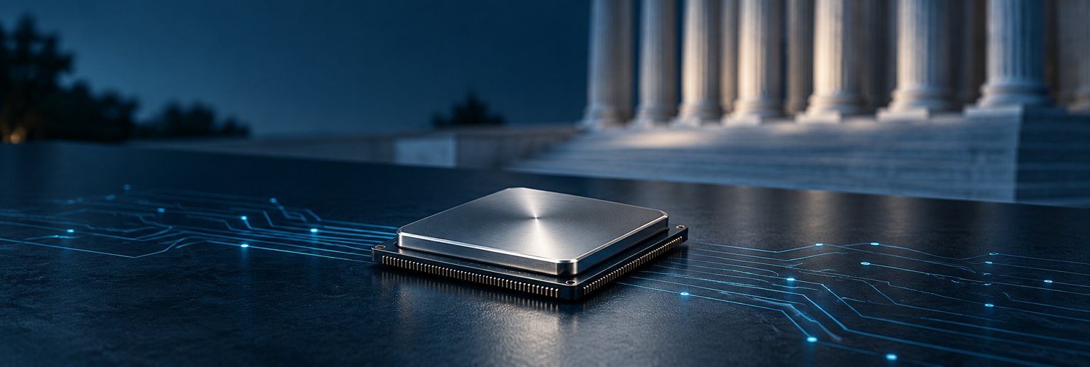 An AI processor with subtle cyan circuitry and institutional columns.