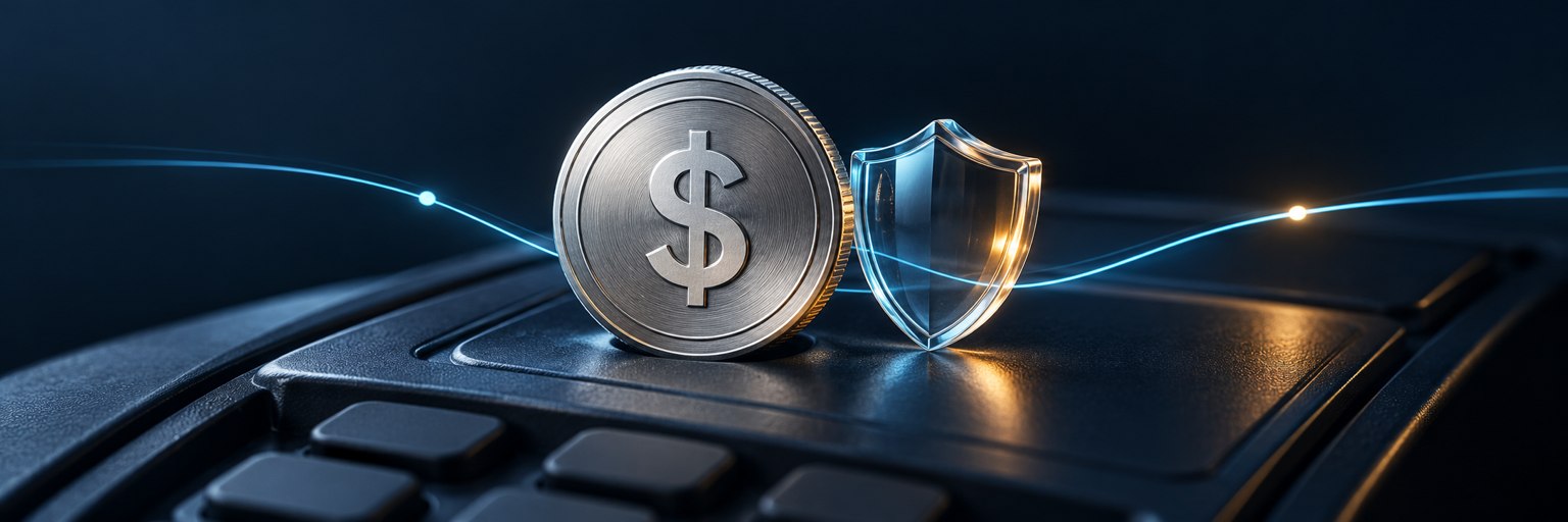 A digital dollar token beside a glass security shield.