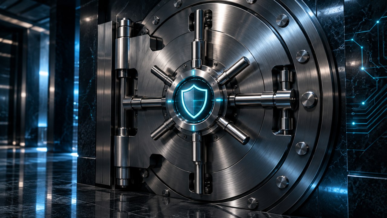A bank vault with a luminous digital security shield.
