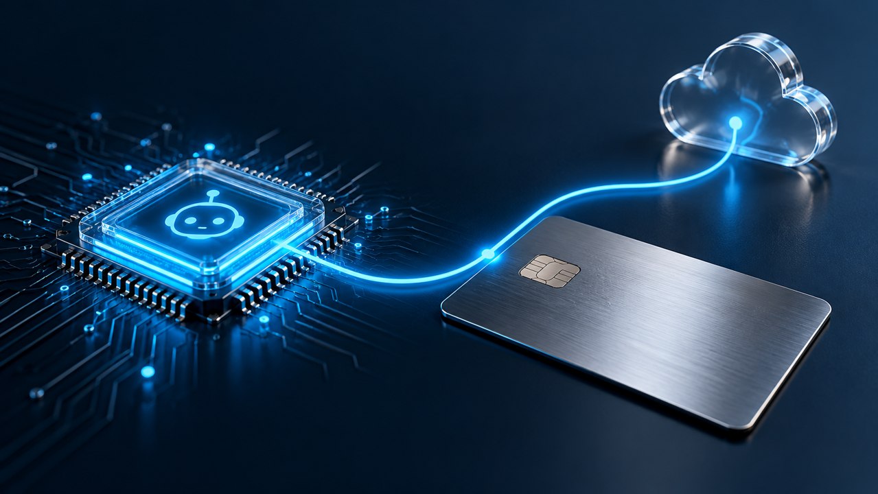 An AI chip connected to a payment card and cloud.